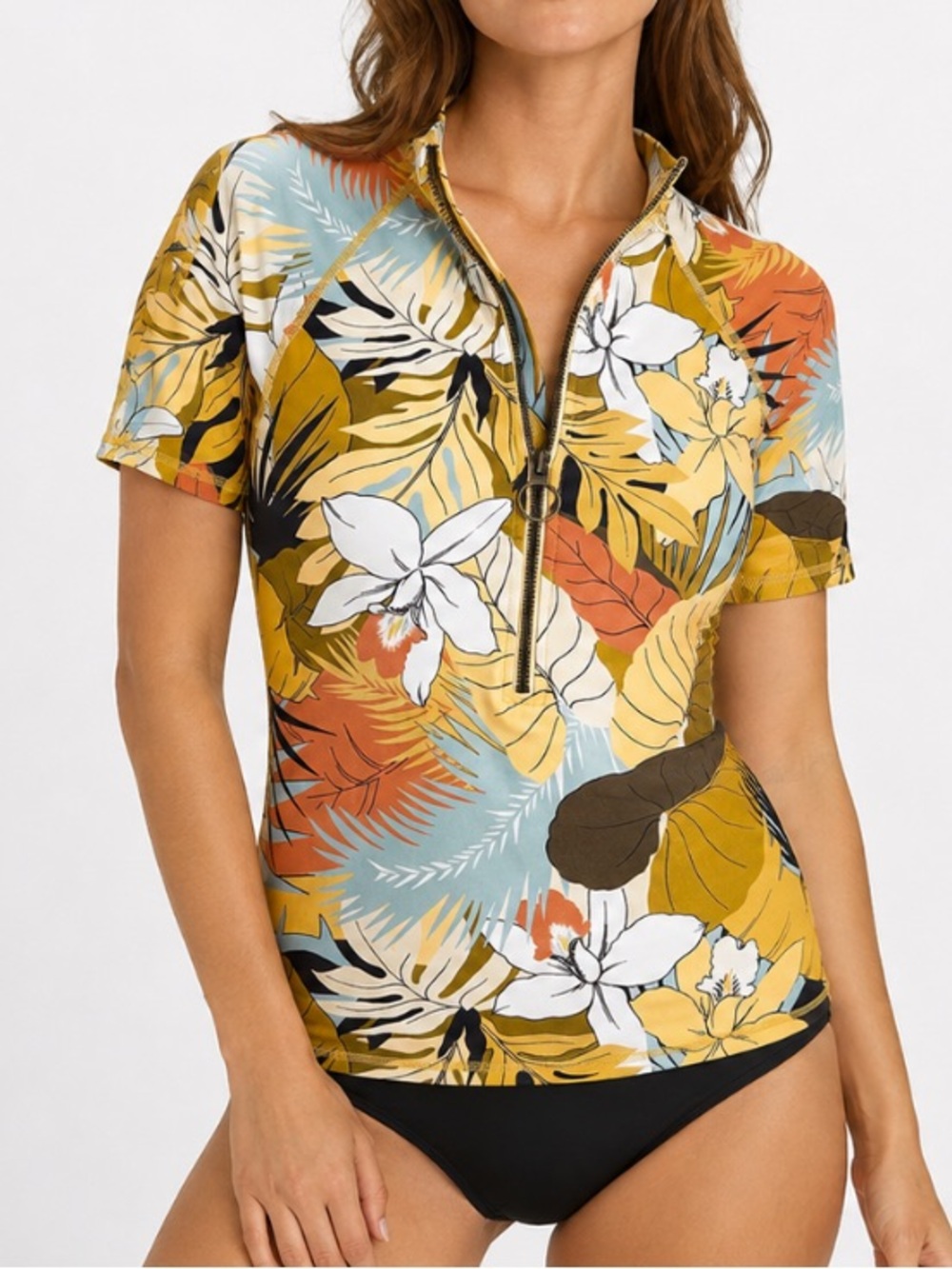 Madewell Tropical Floral Short Sleeve Zip Rash Guard Swim Top Second Wave Size M